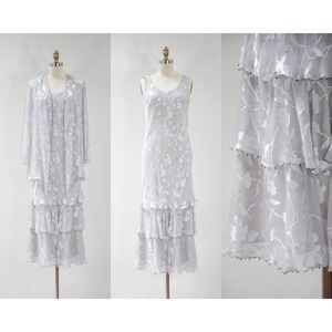 20s style vtg sheer silver gray‎ devoré burnout beaded tiered ruffled slip dress